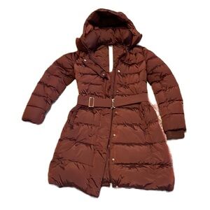 ADD Maroon Belted Down Puffer Jacket Women's Size 6 Removable Hood Full Zip EUC